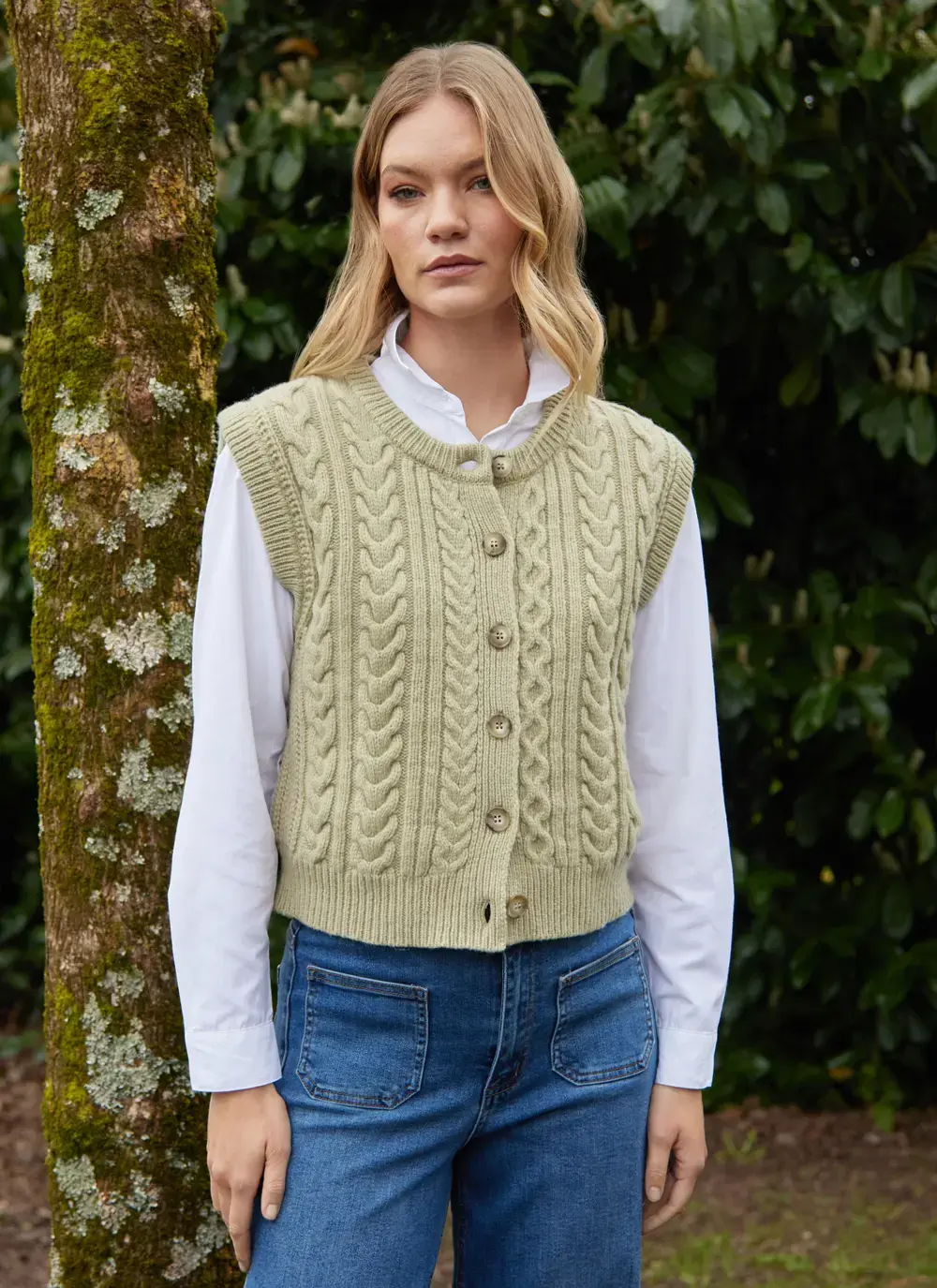 Ladies Sleeveless Aran Cardigan 